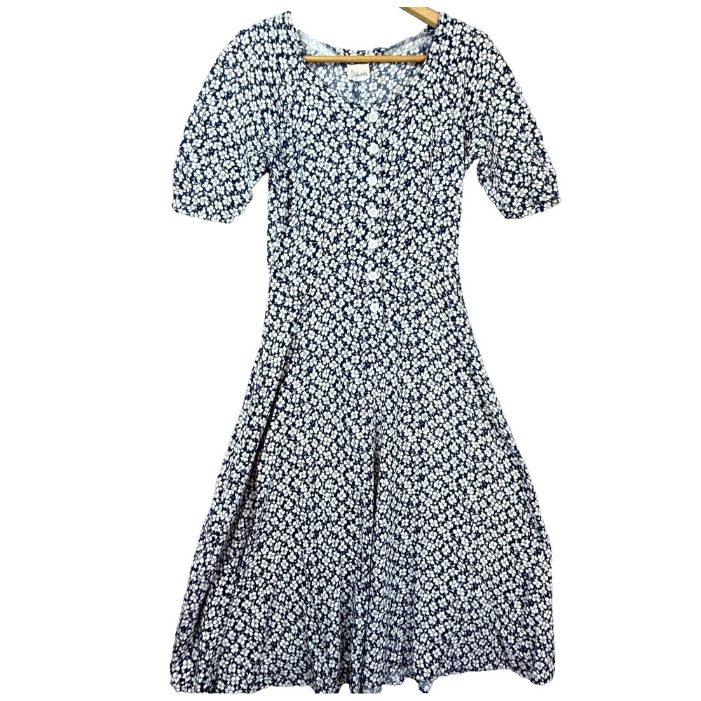 VTG Styleworks Midi Dress Womens‎ S Blue White Floral Short Sleeve Button Front